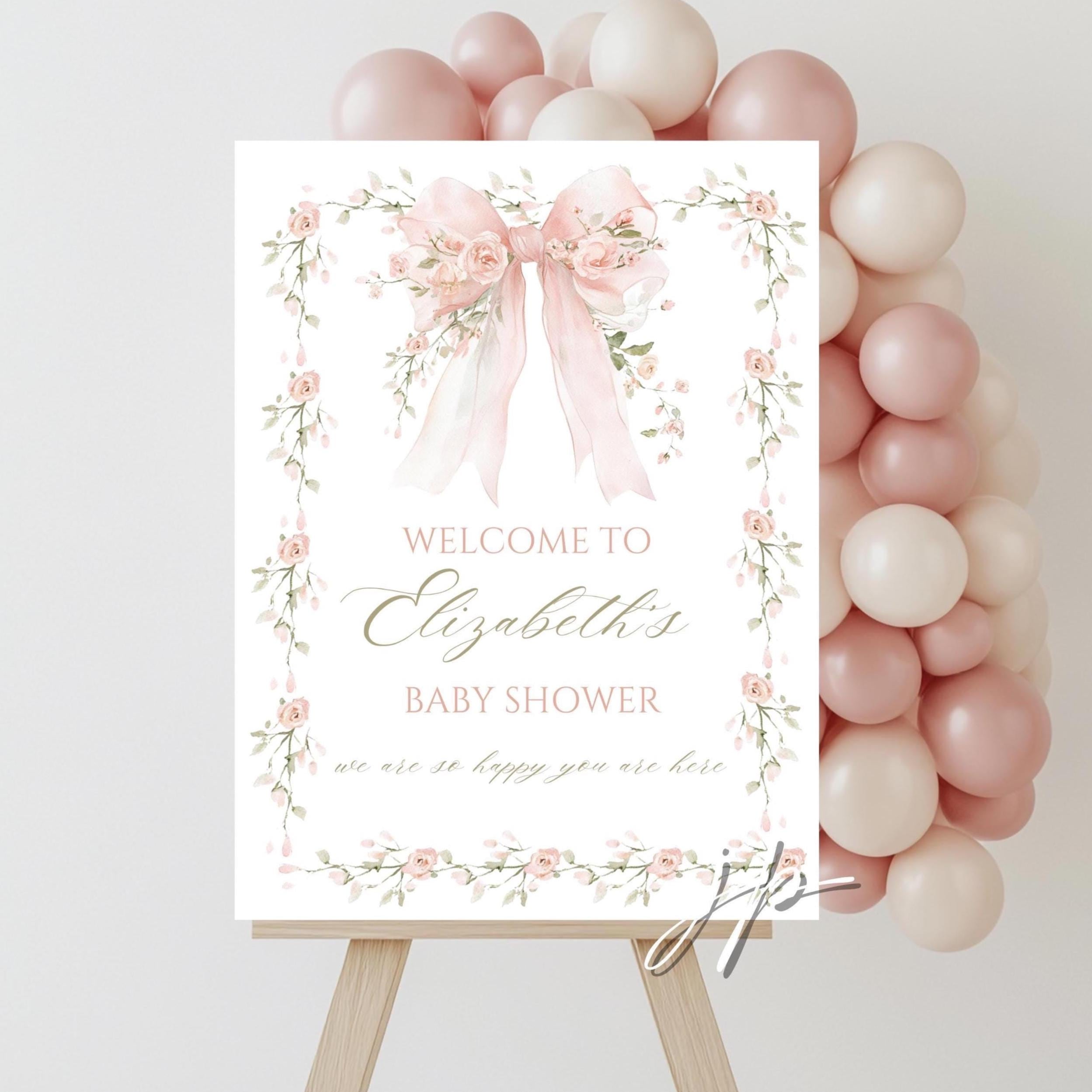 Floral Pink Bow Baby Shower Welcome Sign Template Girls Vintage Roses ...