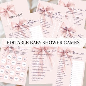 Lot de jeux de baby shower coquette rose pour filles modèle de bingo pour bébé avec noeud rose qui connaît maman carte de jeu jeux modifiables en téléchargement numérique