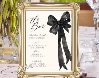 Black Bow Bar Sign Template Editable Birthday Party Cocktail Menu Sign Coquette Bridal Shower Drink Table Sign Custom Open Bar Download