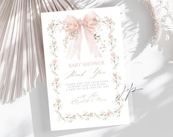 Modello di biglietto di ringraziamento per baby shower con fiocco rosa floreale per Canva, modificabile, battesimo della nonna della bambina, grazie per essere venuta, download digitale