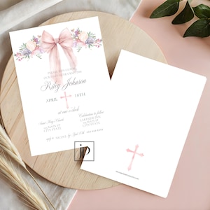 Convite de Batismo com Laço Rosa Editável Cruz com Modelo de Flores Convite para Festa de Batizado de Menina Coquete Sagrada Comunhão Download Digital