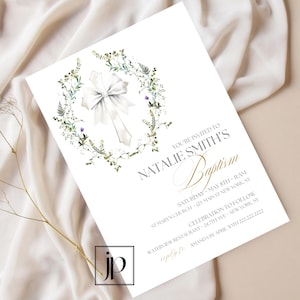White Cross Baptism Invitation Coquette Bow Invite Template Editable Greenery and Wildflowers Baby Christening Party Invite Digital Download