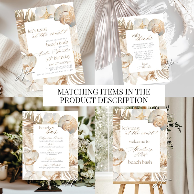 Toast At The Coast 30th Invite Womens Beach Birthday Party Invitation Editable Neutral Seashells 40th Invite Beach Bash Digital Download image 6