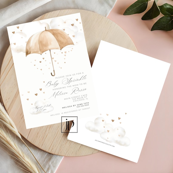 Gender Neutral Baby Sprinkle Invite Template Baby Showers of Love Invitation White Clouds and Umbrella Template for Canva Digital Download