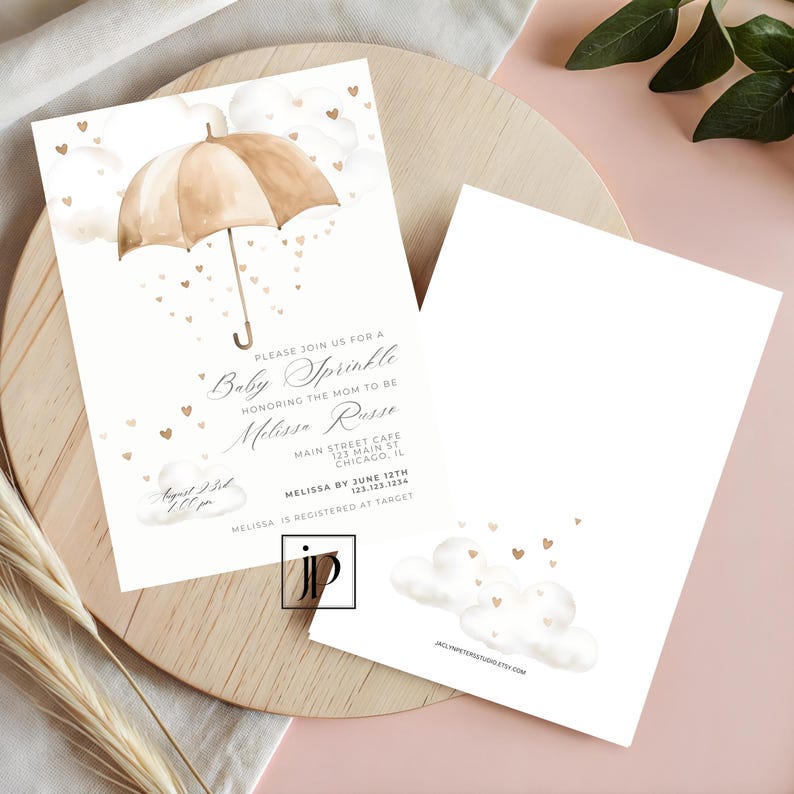 Gender Neutral Baby Sprinkle Invite Template Baby Showers of Love Invitation White Clouds and Umbrella Template for Canva Digital Download image 1