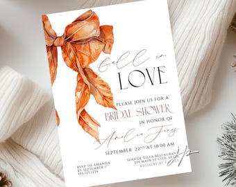 Orange Bow Bridal Shower Invite Modern Rust  Fall In Love Invitation Template Editable Autumn Leaves Brunch Invite Canva Digital Download