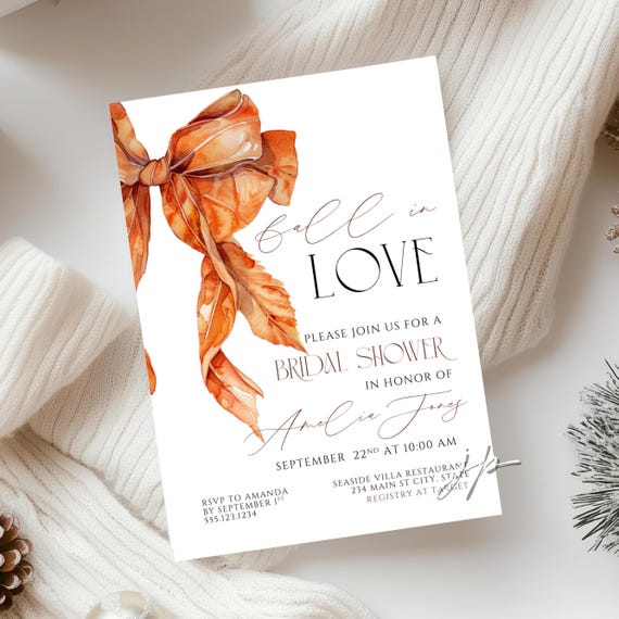 Orange Bow Bridal Shower Invite Modern Rust  Fall In Love Invitation Template Editable Autumn Leaves Brunch Invite Canva Digital Download