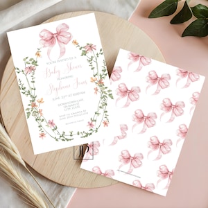 Floral Vintage Baby Shower Invite Pink Watercolor Wildflowers Invitation Template Girls Coquette Bow Baby Shower for Canva Digital Download
