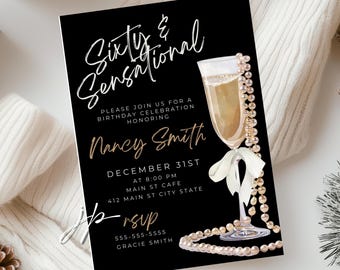Womens 60th Birthday Invitation Editable Sixty & Sensational Party Invite Template Pearls and Prosecco Black and Gold Digital Canva Download