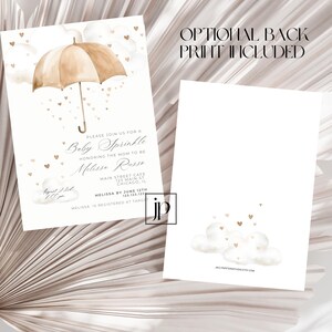 May include: A baby shower invitation with a watercolor illustration of a gold umbrella with raindrops in the shape of hearts. The text reads "Please join us for a Baby Sprinkle honoring the mom to be Melissa Russe".
