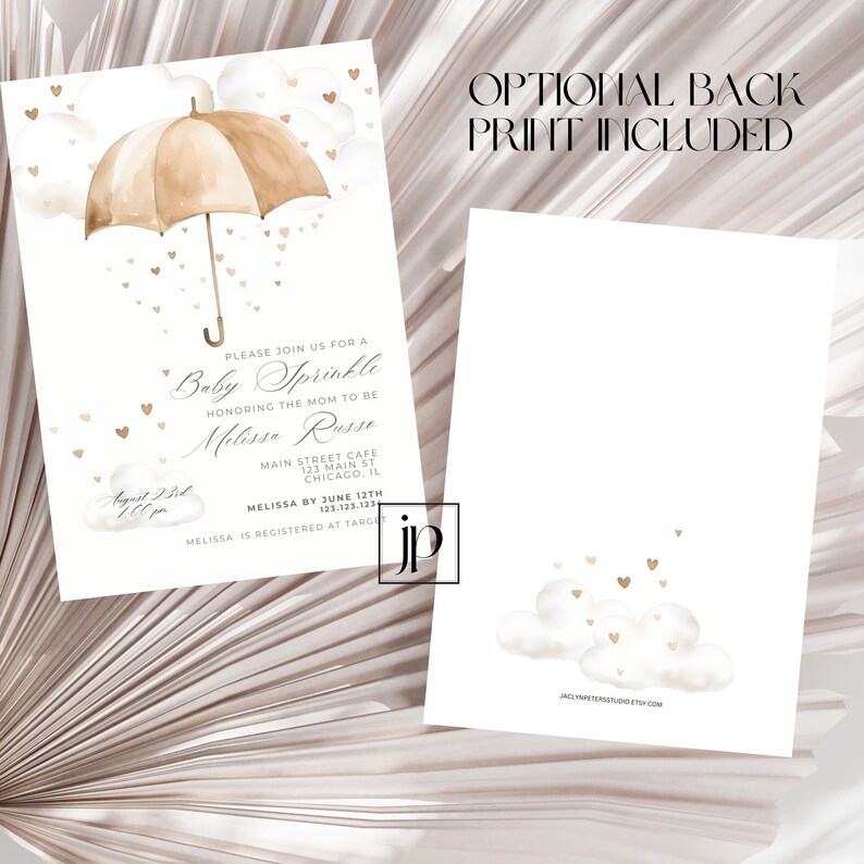 May include: A baby shower invitation with a watercolor illustration of a gold umbrella with raindrops in the shape of hearts. The text reads "Please join us for a Baby Sprinkle honoring the mom to be Melissa Russe".