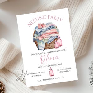 Baby Girl Nesting Party Invite Prep the Nest Editable Template Watercolor Baby Clothes Laundry Basket & Bottles Invitation Digital Download