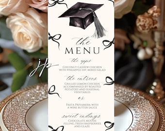 Afstudeerfeest diner menukaartsjabloon bewerkbare zwarte strik Grad Cap tabelmenudecor meisjes flirt middelbare school of hogeschool Canva downloaden