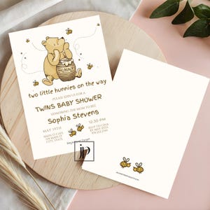 Winnie The Pooh Twins Baby Shower Invitation Two Little Hunnies on the Way Invite Template Gender Neutral Honeybees Canva Digital Download