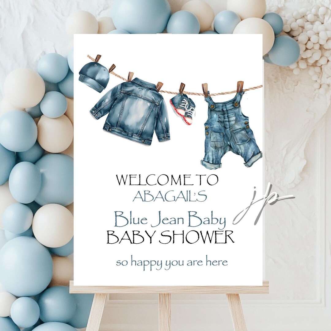 Boys Denim Clothesline Baby Shower Welcome Sign Editable Blue Jean Baby ...