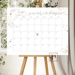 Babyparty Fälligkeitsdatum Kalender Mond und Sterne Bearbeitbare Vorlage Der Himmel Sent Baby Ankunftsdatum Dusche Spiel Celestial Dream Come True Spielzeichen