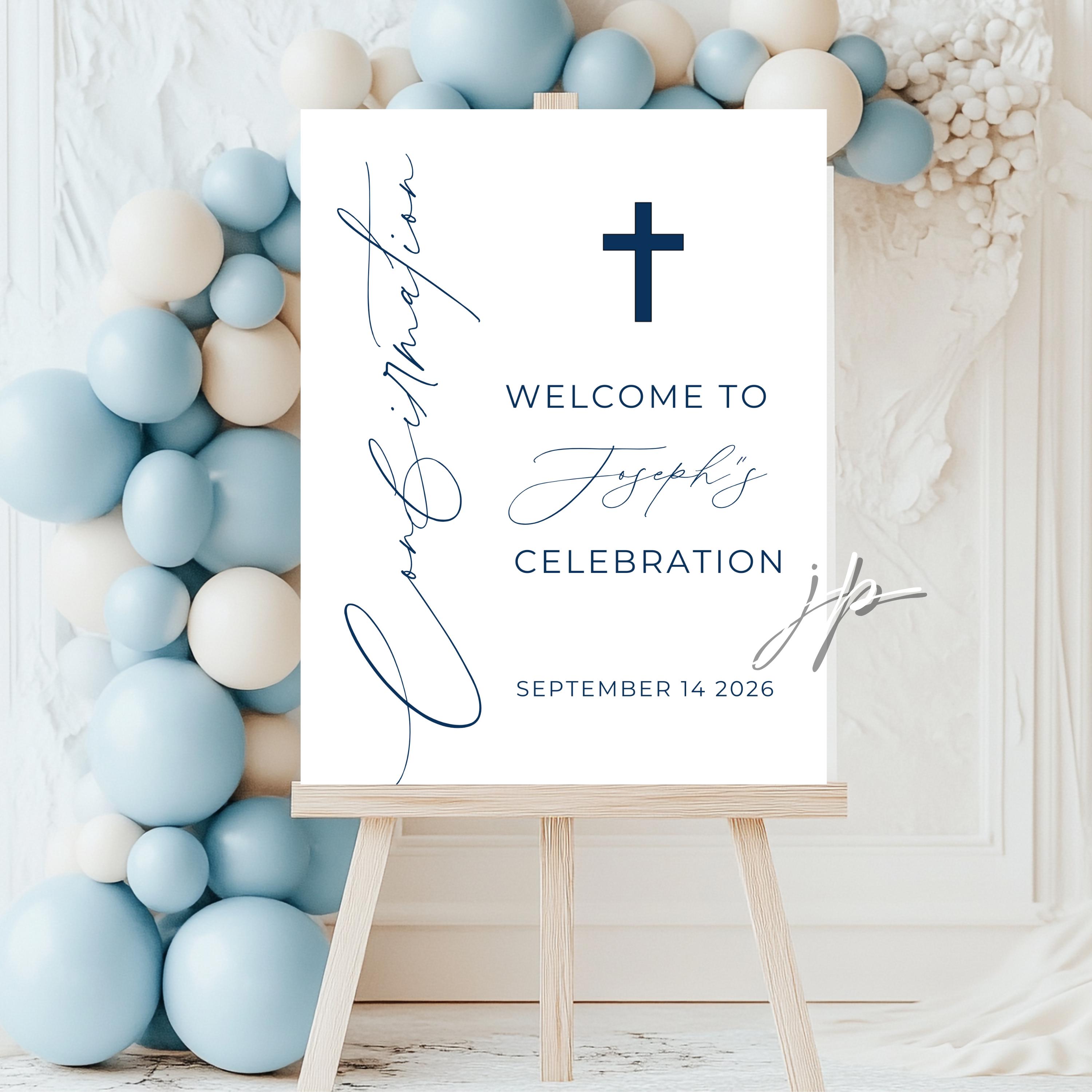Coversations Welcomesign Boys Navy Blue Confirmation Welcome Sign Modern Cross Confirmation ...