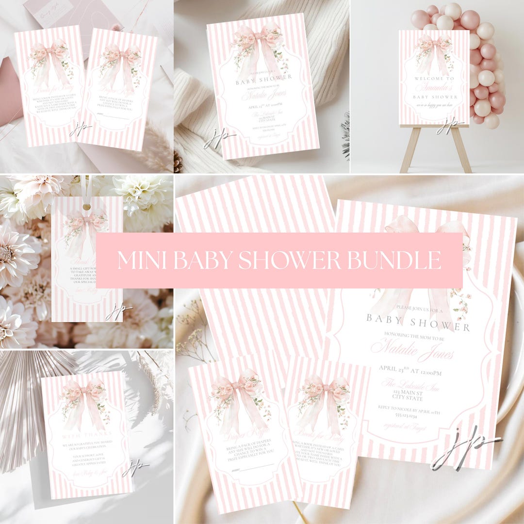 Pink Floral Bow Baby Shower Bundle Editable Girl Vintage Stripes Invite ...