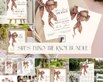 Bruine strik Shes koppelverkoop de knoop bruids douche bundel herfst bruidsbrunch uitnodiging set bewerkbare decor tekenen sjablonen Canva digitale download