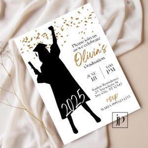 Graduation Party Invite Template Girls High School Grad Invitation Editable Black and Gold College Graduation Celebration  Digital Download