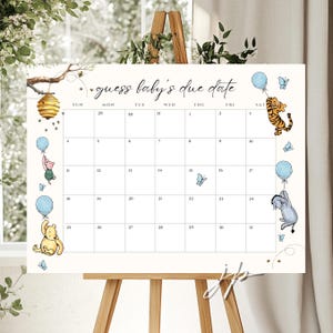 Calendario clásico de Pooh con fecha de parto para niños. Juego de baby shower de Winnie Pooh y sus amigos. Plantilla editable para adivinar la llegada del bebé.