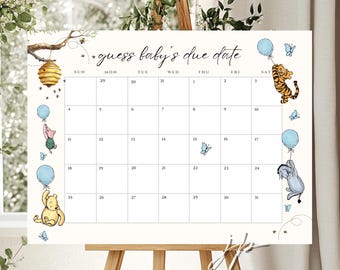 Classic Pooh Due Date Calendar Boys Vintage Winnie The Pooh & Friends Baby Shower Game Editable Guess Baby&#39;s Arrival Sign Template Download
