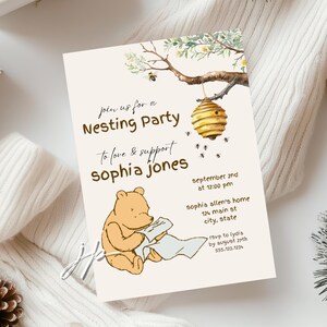 Klassieke Pooh nesting partij uitnodiging Let's Prep The Nest uitnodigingssjabloon bewerkbare vintage Winnie de Pooh Honeybees-sjabloon voor Canva