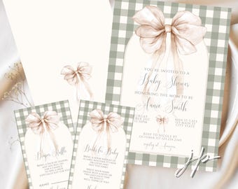 Sage Gingham & Bows Baby Shower Invite Set Grün Gender Neutraleinladungsvorlage für Canva bearbeitbares Windel-Gewinnspiel und Bücher für Babykarte