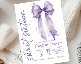 Purple Bow Sweet 16 Party Invitation Editable Coquette Quinceanera Invite Template Lavender Bow Sixteenth Birthday Printable Download