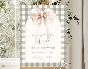 Sage Gingham Baby Shower Welcome Sign with Bow Editable Gender Neutral Green Plaid Entrance Decor Sign Template for Canva Digital Download