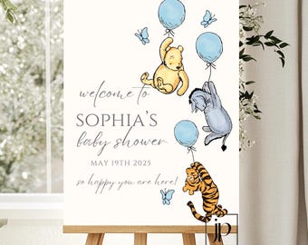 Boys Winnie The Pooh Baby Shower Welcome Sign Classic Pooh and Friends Entrance Decor Sign Editable Blue Butterflies & Balloons Template
