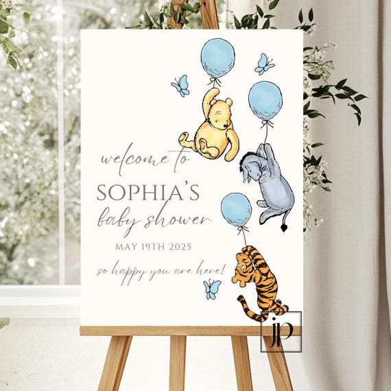 Boys Winnie The Pooh Baby Shower Welcome Sign Classic Pooh and Friends Entrance Decor Sign Editable Blue Butterflies & Balloons Template