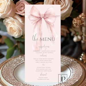 Blush Pink Bow Menü Karte Kokette Baby Mädchen Dusche Menü Bearbeitbar Brautparty Luncheon Tisch Dekor Erster Geburtstag Menü Vorlage Download