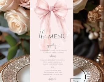 Blush Pink Bow Menu Card Coquette Baby Girl Shower Menu Editable Bridal Shower Luncheon Table Decor First Birthday Menu Template Download
