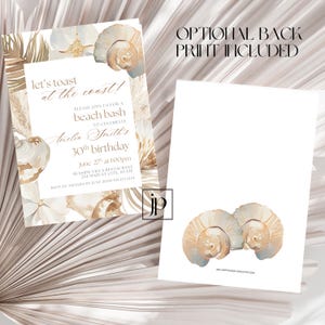 May include: Beach-themed invitation with seashell illustrations and text. The invitation reads "Let's toast at the coast!" and includes details for a 30th birthday celebration. The back of the card features seashell art and the text "Optional Back Print Included."