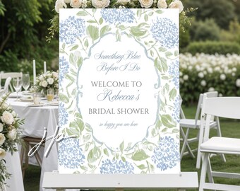 Blue Hydrangea Bridal Shower Welcome Sign Editable Something Blue Before I Do Template Bridal Brunch Entrance Board Canva Digital Download