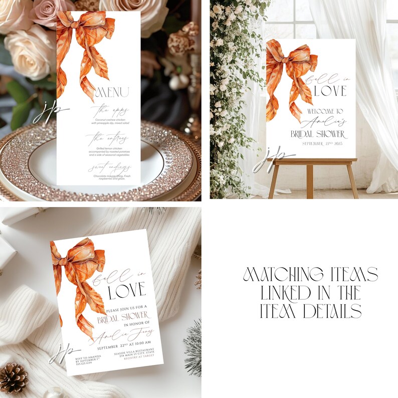 May include: A set of stationery featuring a watercolor orange ribbon bow illustration. The items include a menu, a welcome sign, and an invitation, all displaying text such as Fall in Love, Welcome to Amelia's Bridal Shower, and September 22nd 2025.