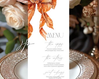Fall Orange Bow Menu Card Template Rust Wedding Table Decor Coquette Autumn Bridal Shower Luncheon Menu Editable Canva Digital Download