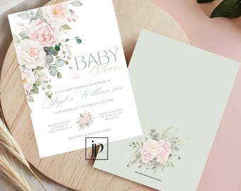 Pink and Sage Floral Baby in Bloom Invitation Template Girl's Flower Garden Shower Invite Editable Vintage Baby Brunch Canva Download