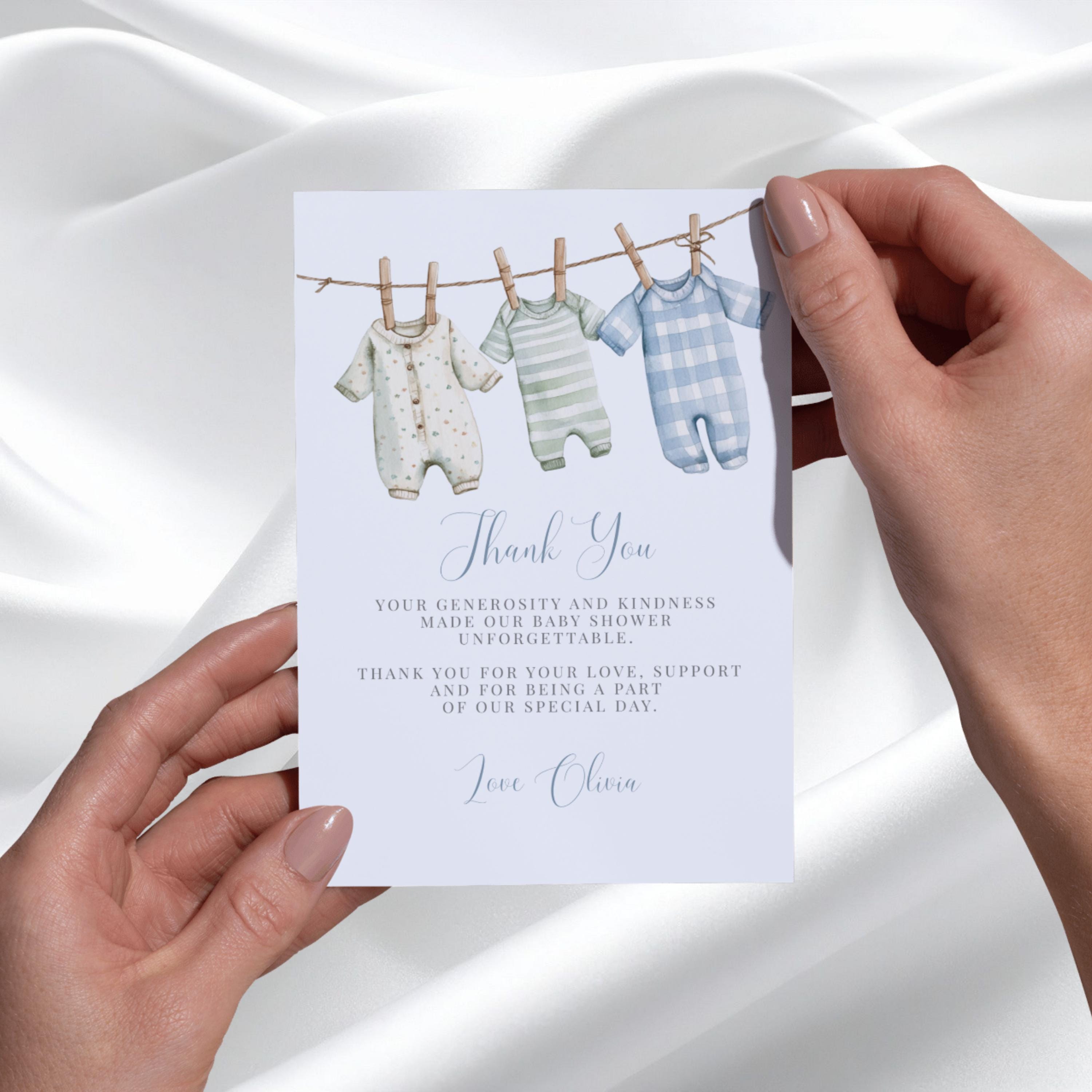 Blue & Sage Green Baby Shower Thank You Card Template Editable Baby Boy ...