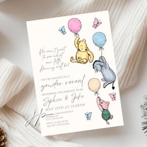 Vintage Pooh Gender Reveal Party Invite Editable What Will Our Little Hunny Be Invitation Template Winnie the Pooh & Friends Canva Download image 1