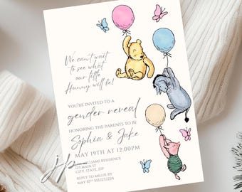 Invito alla festa di rivelazione del sesso di Pooh vintage, modificabile, modello di invito "Quale sarà il nostro piccolo tesoro?", Winnie the Pooh e i suoi amici, download Canva