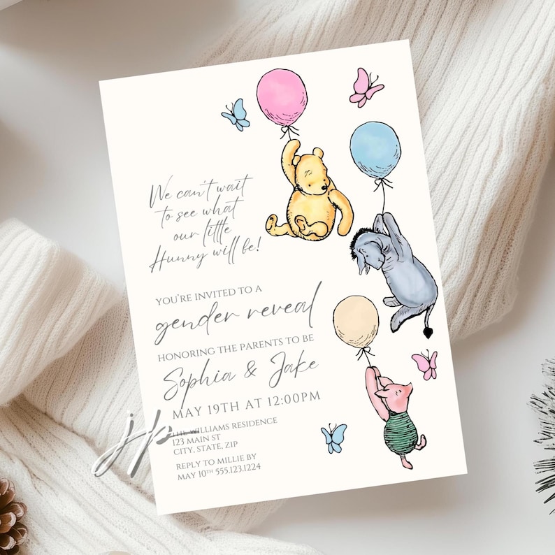 Vintage Pooh Gender Reveal Party Invite Editable What Will Our Little Hunny Be Invitation Template Winnie the Pooh & Friends Canva Download image 1