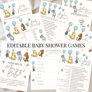 Classic Pooh Baby Shower Games Bundle Boy&#39;s Blue Balloons Game Card Set Baby Shower Activities Template Editable Winnie The Pooh Download