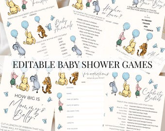 Classic Pooh Baby Shower Games Bundle Boy&#39;s Blue Balloons Game Card Set Baby Shower Activities Template Editable Winnie The Pooh Download