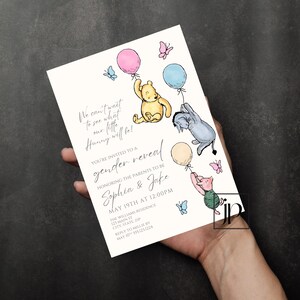 May include: A gender reveal invitation featuring Winnie the Pooh characters holding balloons. The invitation includes the text "We can't wait to see what our little Hunny will be!" and details for Sophia & Jake's event.