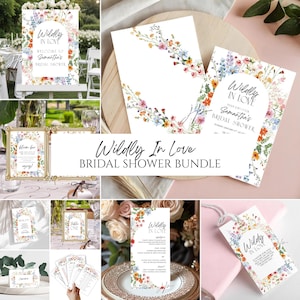 Vilt förälskad brudduschinbjudningspaket Boho vildblommor Brudbrunchmallar Handmålade blommor och dekorskyltar Canva digital nedladdning