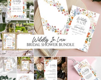 Wildly In Love Bridal Shower Invite Bundle Boho Wildflowers Bridal Brunch Templates Hand Painted Floral & Decor Signs Canva Digital Download