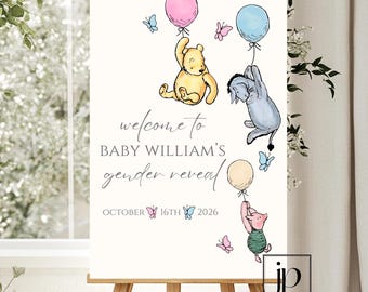Classic Pooh Gender Reveal Welcome Sign Winnie The Pooh & Friends Reveal Party Decor Editable Vintage Pooh with Balloons Template Download