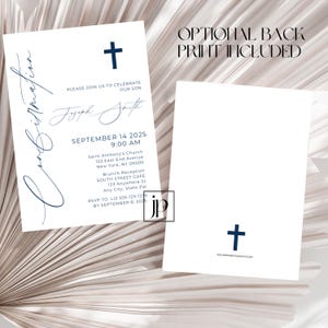 May include: Confirmation invitation with a blue cross on a white background. The invitation includes the name Joseph Smith, the date September 14, 2025, and the time 9:00 AM. It also includes the location of the event, Saint Anthony's Church, 123 East End Avenue, New York, NY 00000. The invitation also includes the location of the brunch reception, South Street Cafe, 123 Anywhere St, Any City, State Zip. The RSVP information is included as well: RSVP to Liz 555-123-1234 by September 8, 2025.